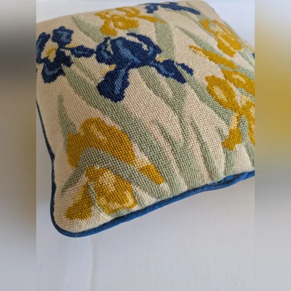 Vintage Needlepoint Floral Pillow. Yellow And Purple Iris. - Picture 3 of 6
